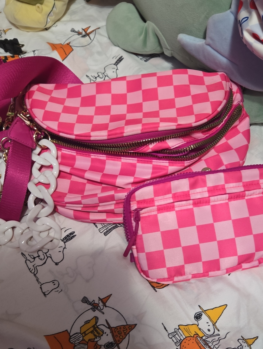Checkerboard Pink Crossbody Bag with Matching Pouch/Bum Bag